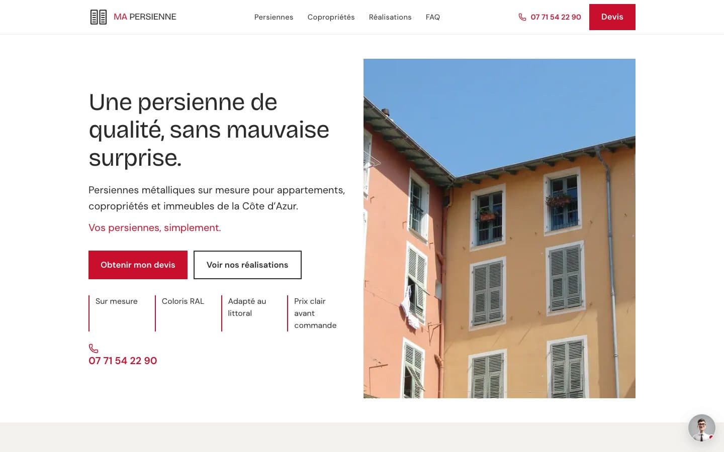 Page d'accueil de mapersienne.fr : titre « Une persienne de qualité, sans mauvaise surprise » à gauche, photographie d'une façade ocre aux persiennes vertes à droite.