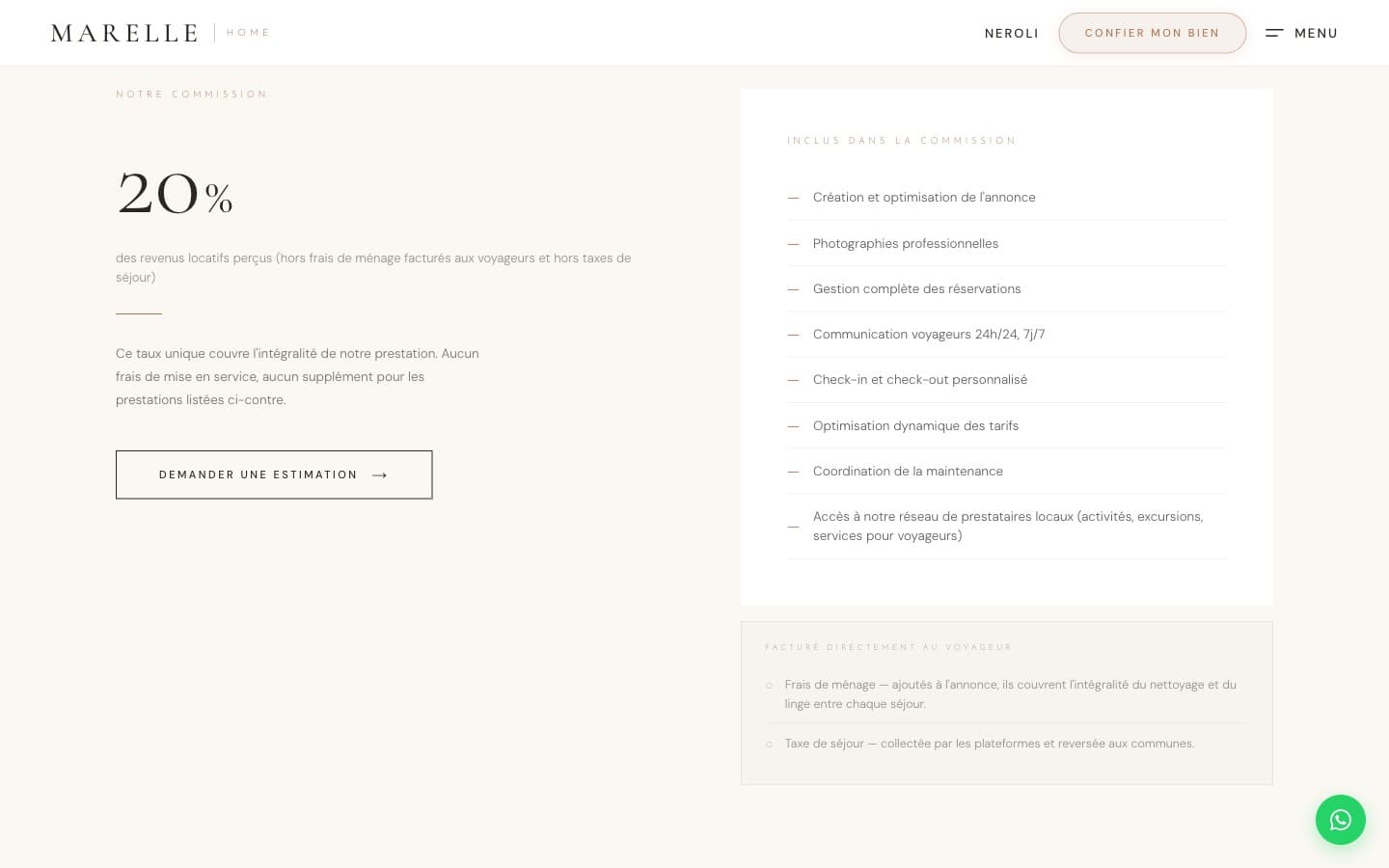 Page tarifs de marelle-home.fr : la commission affichée en grand format, avec le détail des prestations incluses.
