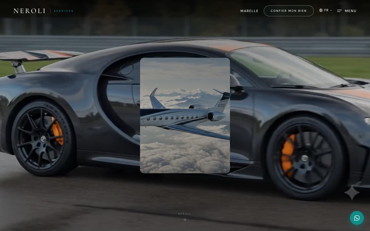 Page d'accueil de neroli-services.fr : une voiture de sport en plein écran, avec une carte centrale montrant un jet privé en vol.