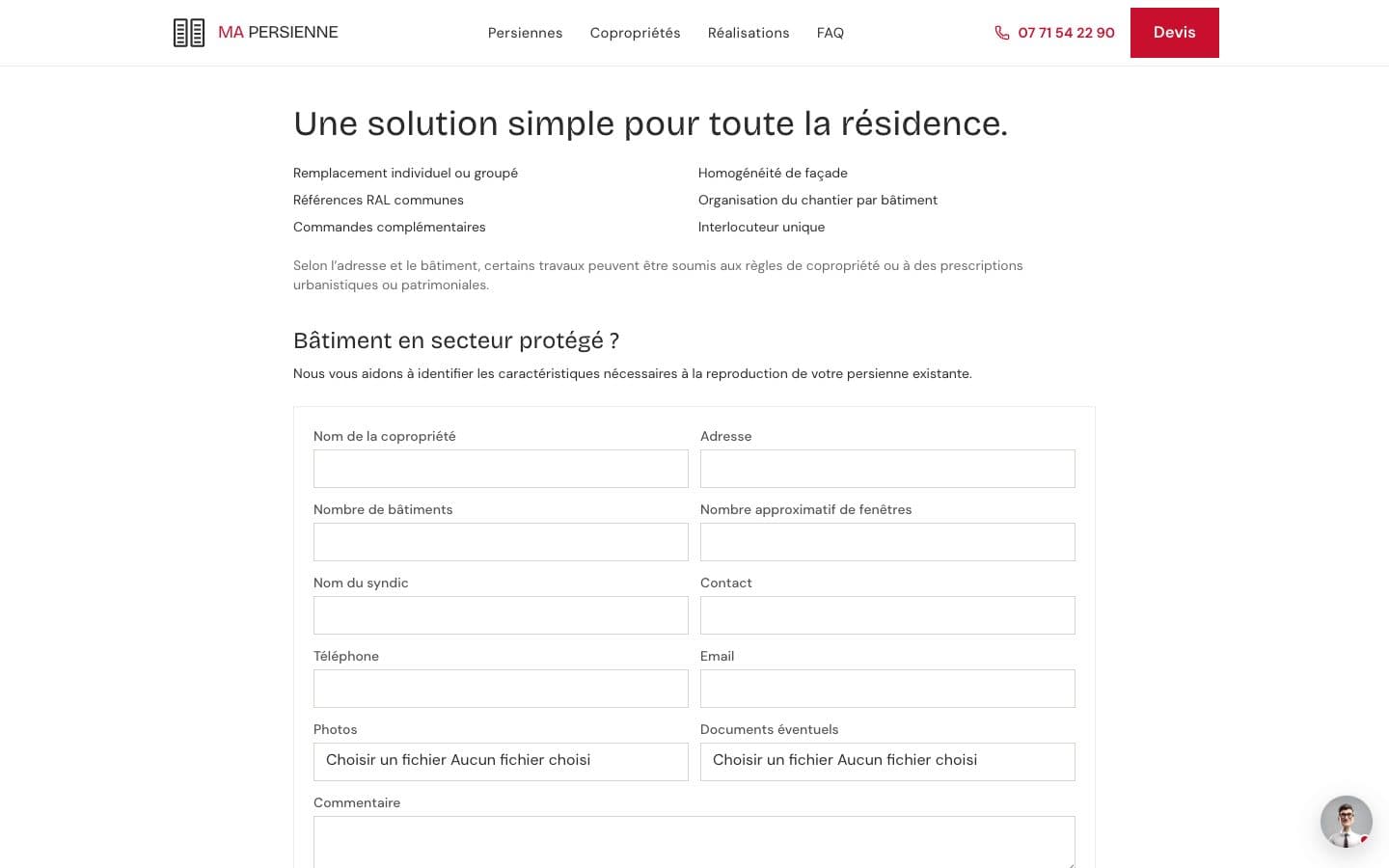 Page copropriétés de mapersienne.fr : liste des engagements pour une résidence, puis formulaire avec nom de la copropriété, nombre de bâtiments, nombre de fenêtres et nom du syndic.
