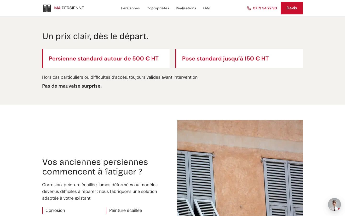 Section « Un prix clair, dès le départ » de mapersienne.fr : deux encadrés rouges annonçant le prix de la persienne standard et celui de la pose.