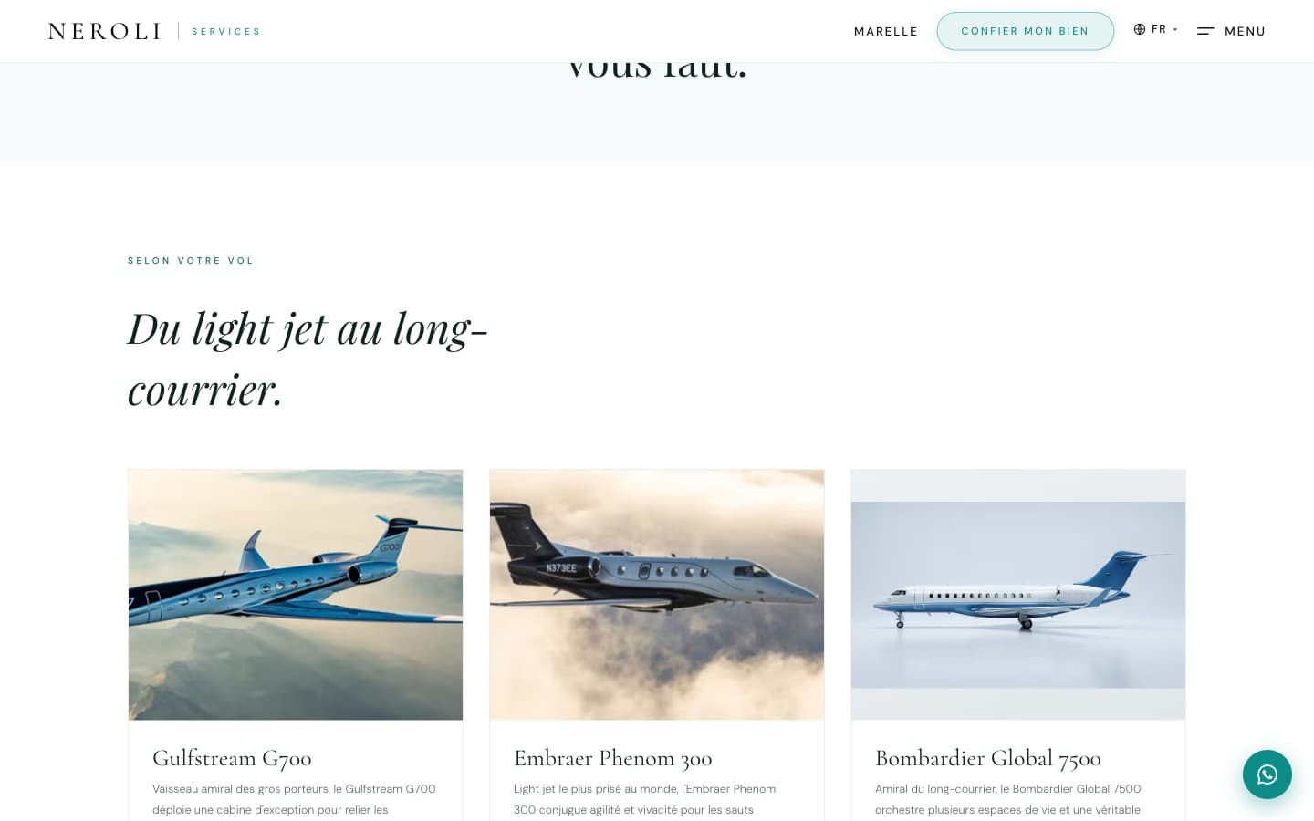 Page jet privé de neroli-services.fr, avec trois fiches d'appareils présentées en grille.